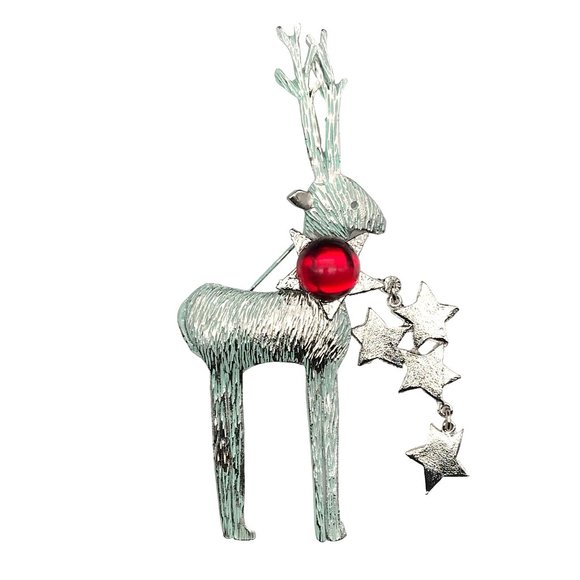 Vintage Large Ultracraft Reindeer Brooch, Silver Tone with Pale Green Wash, Star - Picture 1 of 7